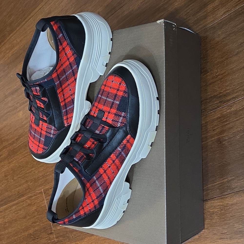 LINEA PAOLO ROWEN SLIP ON PLATFORM SNEAKERS RED BLACK WHITE PLAID NEW IN BOX 7